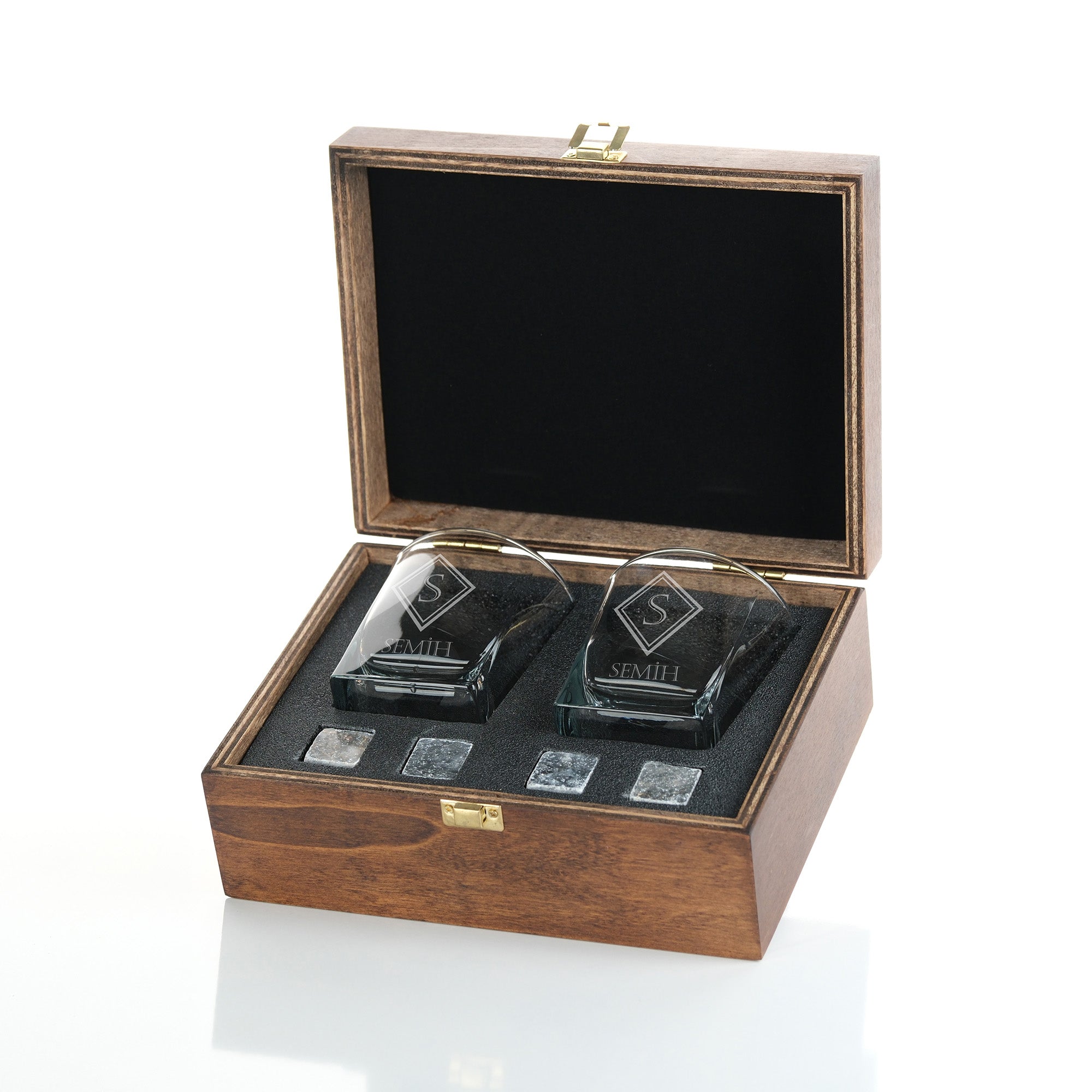 Kişiye Özel Ahşap Kutulu İkili Viski Bardak Seti