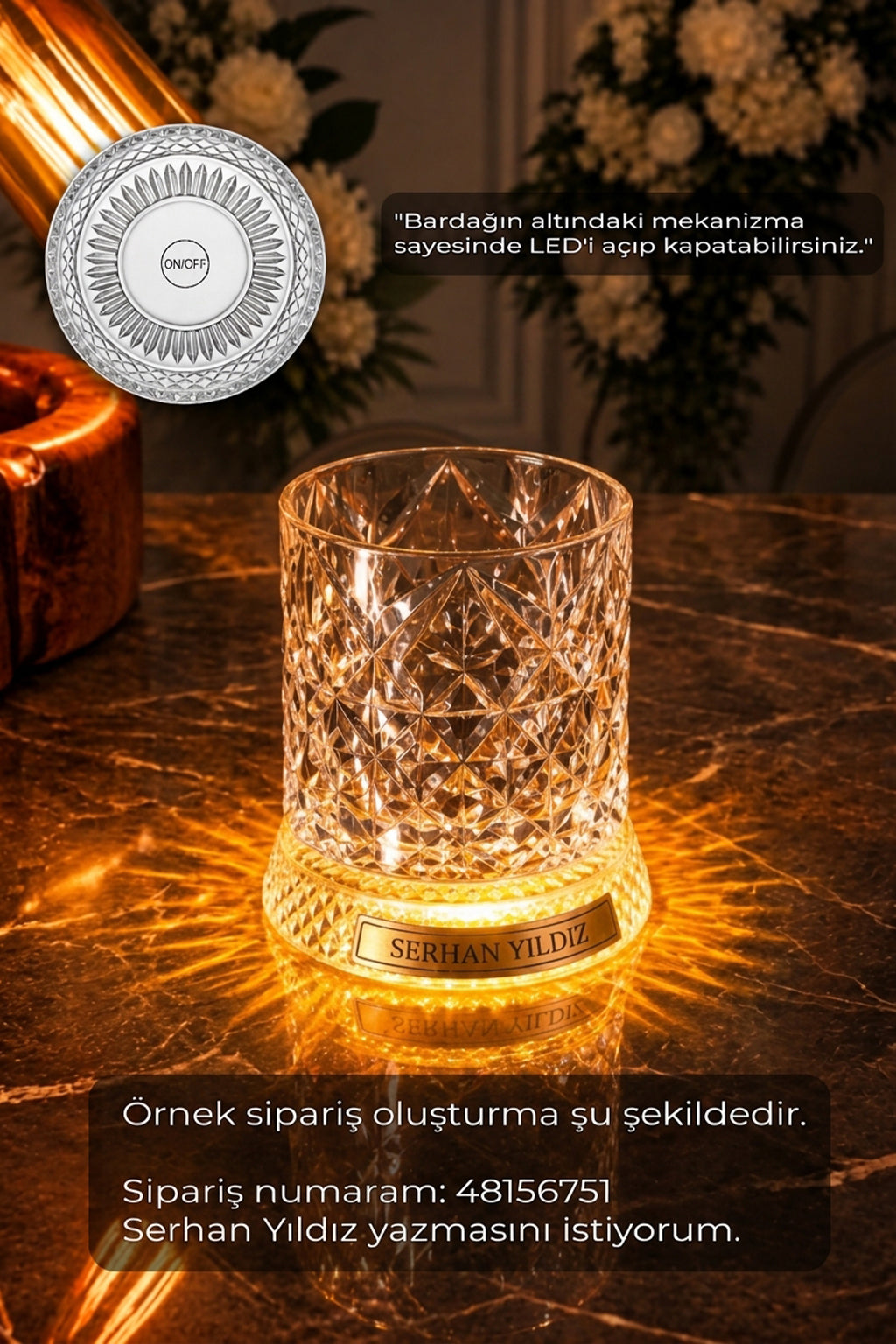 İsme Özel  Led Işıklı Dönen Viski Bardağı ve Özel Altlık, 360° Kristal Desenli