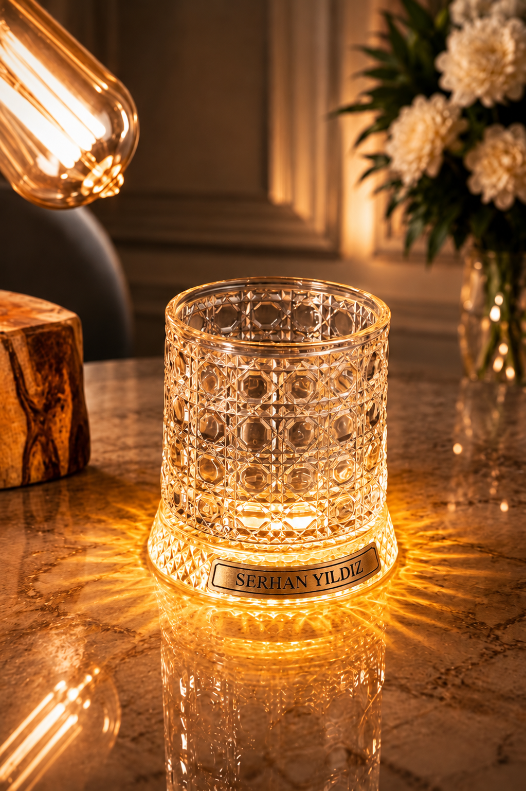 İsme Özel  Led Işıklı Dönen Viski Bardağı ve Özel Altlık, 360° Kristal Desenli