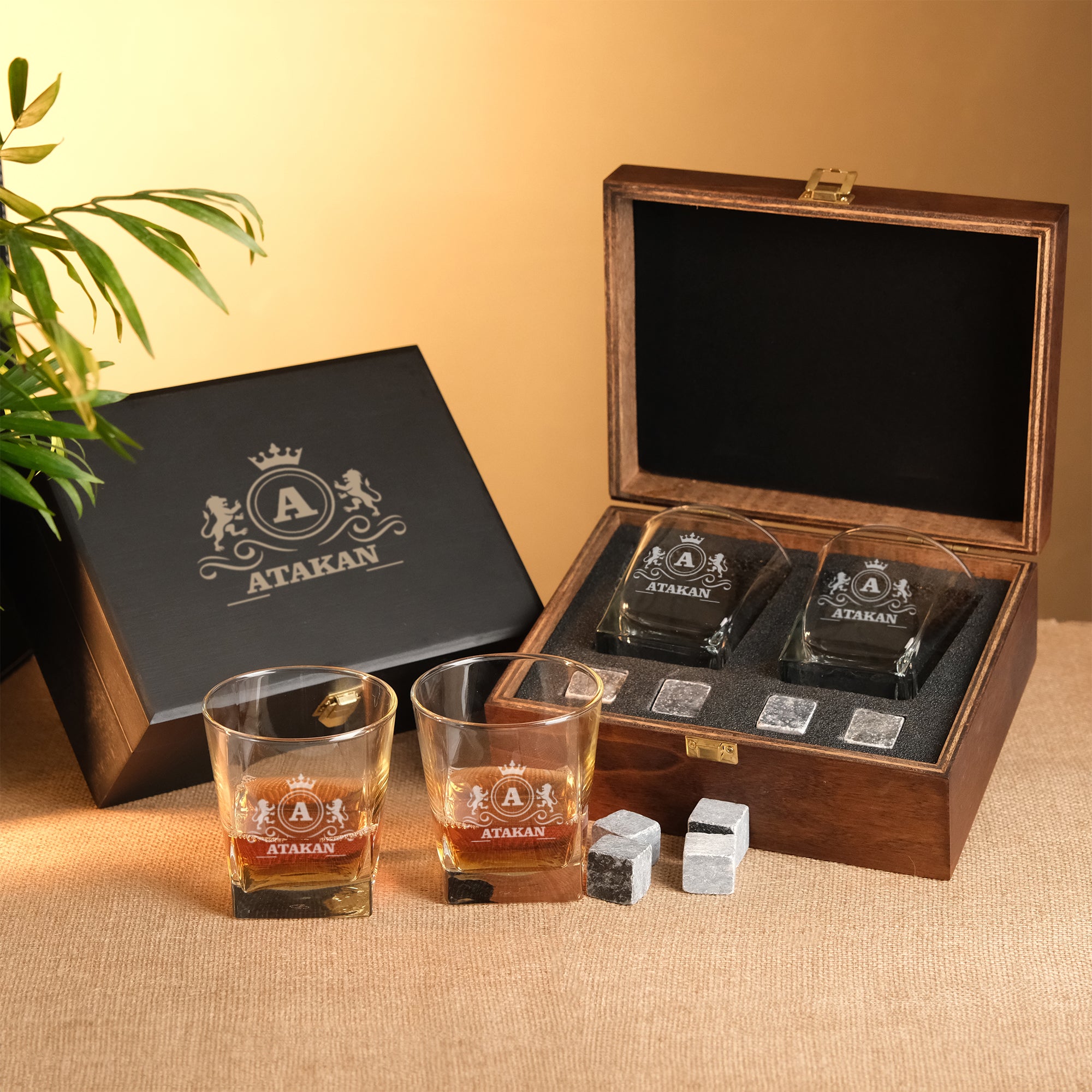 Kişiye Özel Ahşap Kutulu İkili Viski Bardak Seti