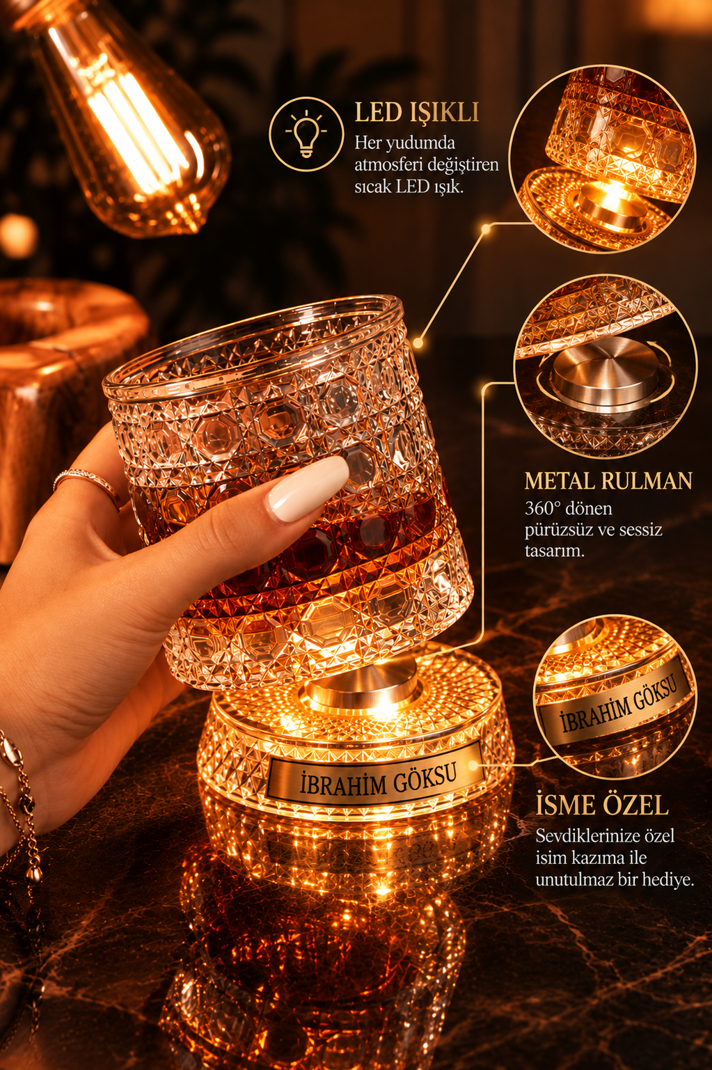 İsme Özel  Led Işıklı Dönen Viski Bardağı ve Özel Altlık, 360° Kristal Desenli