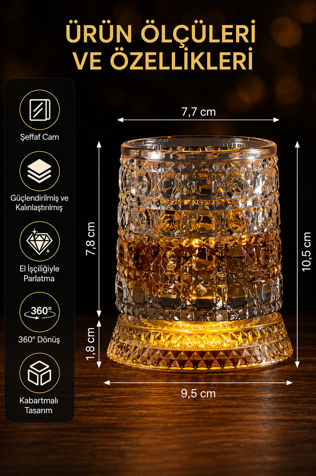 360° Dönen Kristal Desenli Viski Bardağı ve Özel Altlık